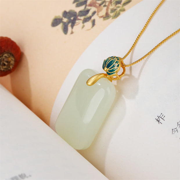 Buddha Stones 925 Sterling Silver Plated Gold Natural Square Hetian Jade Lotus Flower Prosperity Necklace Pendant Necklaces & Pendants BS 2