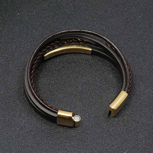 Buddha Stones Simple Design Titanium Steel Leather Luck Bracelet Bracelet BS 2