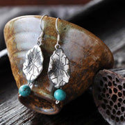 Buddha Stones 925 Sterling Silver Turquoise Lotus Leaf Protection Drop Dangle Earrings Earrings BS 6
