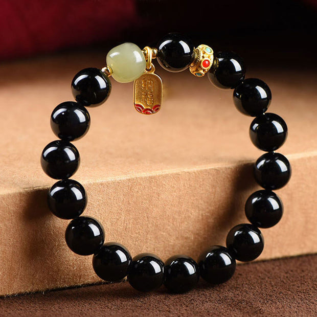 Buddha Stones Black Onyx Hetian Jade Bead Lucky Fortune Charm Bracelet Bracelet BS 7