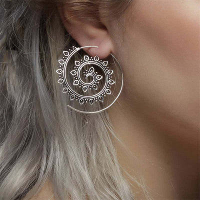 Buddha Stones Tibetan Lotus Spiral Pattern Copper Blessing Dangle Drop Earrings Earrings BS Silver