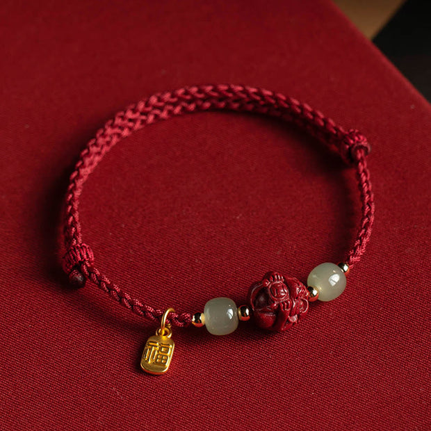 Buddha Stones Natural Cinnabar Chinese Zodiac Hetian Jade Fu Character Luck Rope Bracelet Bracelet BS 14