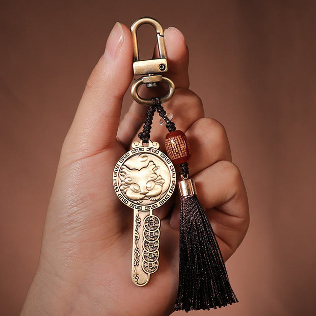 Buddha Stones PiXiu Wealth Copper Coin Yin Yang Bagua Handmade Key Chain Key Chain BS Key Heart Sutra Tassel