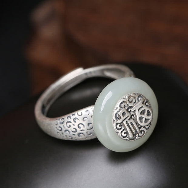 Buddha Stones White Jade Blessing Letter Happiness Adjustable Ring Ring BS 13