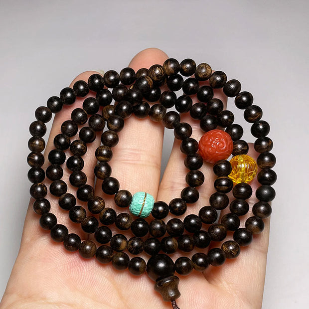 Buddha Stones Nha Trang Bai Qinan Agarwood Turquoise Amber Red Agate Strength Meditation Bracelet Bracelet BS Agarwood(Balance♥Ward off evil spirits)