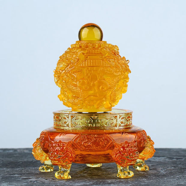 Buddha Stones Feng Shui Auspicious Dragon Handmade Liuli Crystal Rotatable Art Piece Luck Home Office Decoration Decorations BS Gold