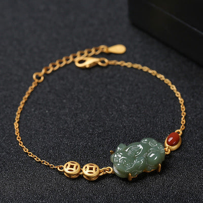 Buddha Stones Cyan Jade PiXiu Copper Coin Red Agate Success Chain Bracelet Bracelet BS Cyan Jade(Success♥Healing)