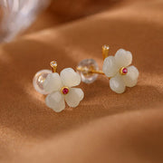 Buddha Stones 925 Sterling Silver Hetian Jade Cyan Jade Four Leaf Clover Luck Stud Earrings Earrings BS 2