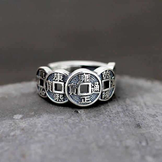 Buddha Stones Five-Emperor Coins Auspicious Wealth Adjustable Ring Ring BS 5