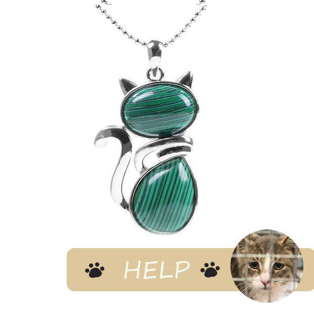 "Save A Cat" Cute Cat Pattern Natural Crystal Protection Cat-Loving Pendant Necklace Necklaces & Pendants BS Malachite