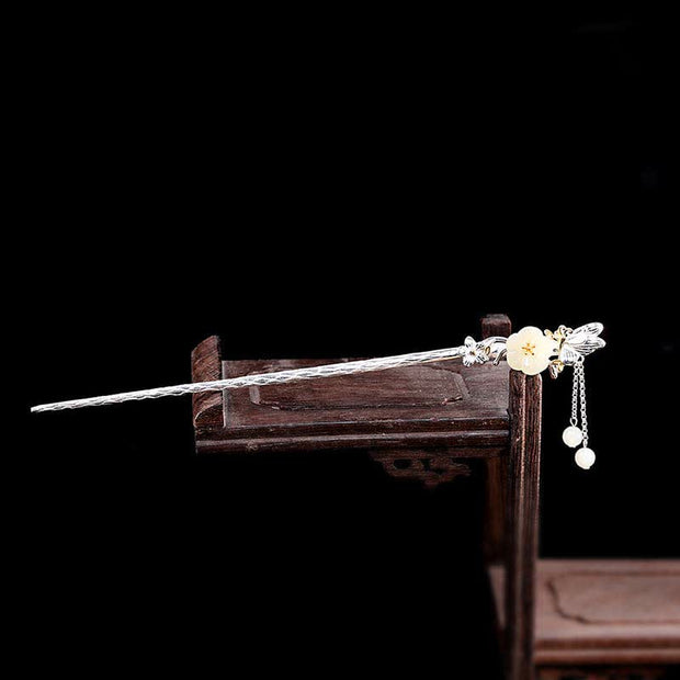 Buddha Stones 925 Sterling Silver Hetian White Jade Flower Blessing Hairpin Decorations BS 1
