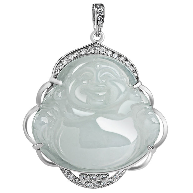 Buddha Stones 925 Sterling Silver Laughing Buddha Natural Jade Abundance Necklace Pendant Necklaces & Pendants BS 7