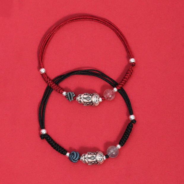 Buddha Stones 999 Sterling Silver PiXiu Strawberry Quartz Bead Wealth Luck Braided Bracelet Bracelet BS 1