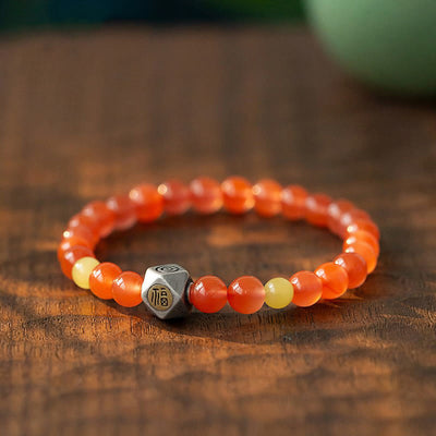 Buddha Stones 925 Sterling Silver Natural Red Agate Fu Character Amber Confidence Bracelet