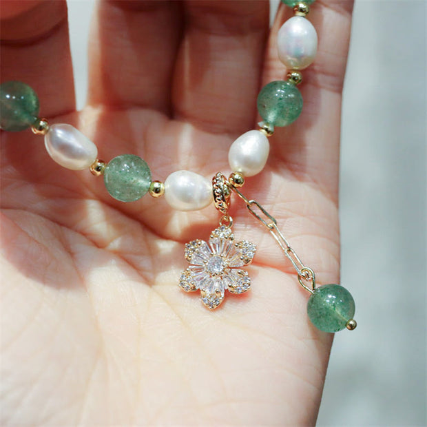 Buddha Stones Natural Green Strawberry Quartz Pearl Flower Charm Love Bracelet Bracelet BS 8