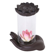 Buddha Stones Buddha Hand Lotus Enlightenment LED Light Purple Clay Ceramic Incense Burner Decoration Incense Burner BS 7
