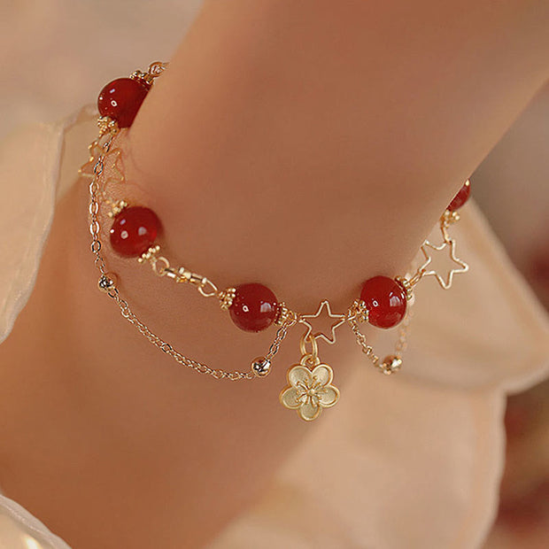 Buddha Stones 14k Gold Plated Red Agate Star Flower Charm Calm Bracelet Bracelet BS 4