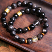 Buddha Stones Natural Silver Sheen Obsidian Crystal Om Mani Padme Hum Bead Protection Bracelet Bracelet BS 1