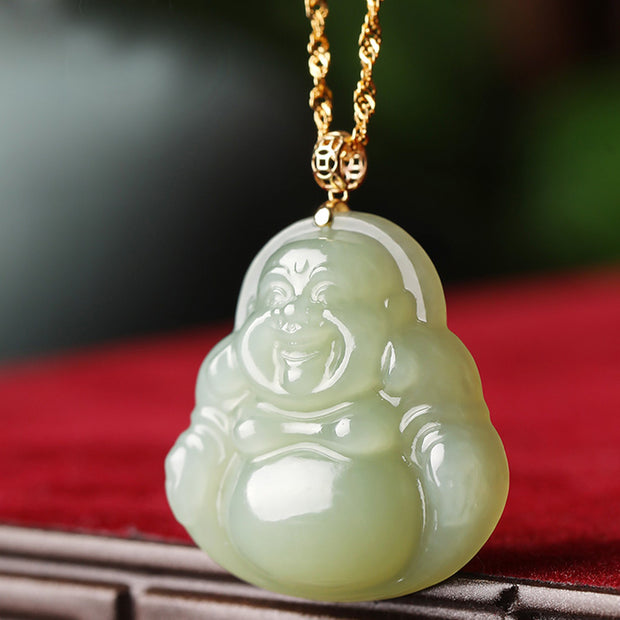 Buddha Stones 925 Sterling Silver Laughing Buddha Cyan Jade 18K Gold Success Necklace Pendant Necklaces & Pendants BS 3