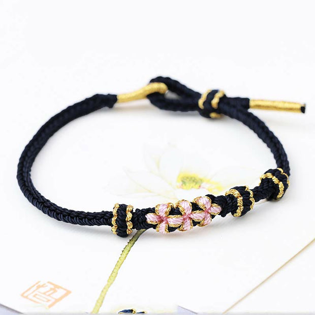 Buddha Stones Handmade Three Peach Blossoms Luck Eight Strands Braided String Bracelet Bracelet BS Black(Wrist Circumference 14-19cm)