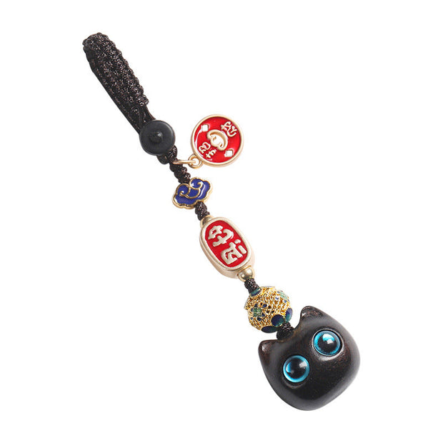 Buddha Stones Ebony Wood Lucky Cat Auspicious Cloud Peace Key Chain Phone Hanging Decoration Key Chain BS 17