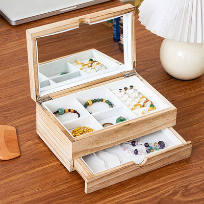 Buddha Stones Retro Beige Wooden Jewelry Box Two-Layer Jewelry Storage Box With Mirror