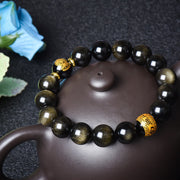 Buddha Stones Chinese Zodiac Natal Buddha Gold Sheen Obsidian Wealth Protection Bracelet Bracelet BS 8