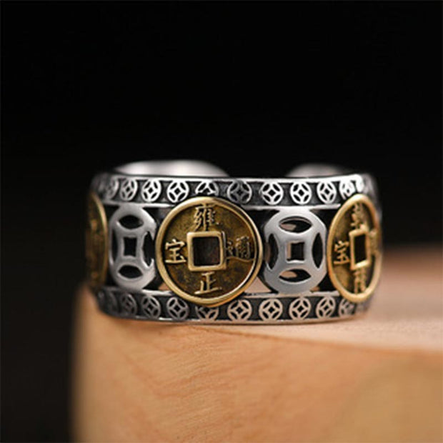 Buddha Stones Five-Emperor Coins Balance Adjustable Ring Rings BS 1