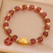 Buddha Stones Year of the Dragon Strawberry Quartz Copper Coin Attract Wealth Charm Bracelet Bracelet BS 3