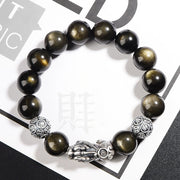 Buddha Stones 925 Sterling Silver Natural Gold Sheen Obsidian PiXiu Wealth Protection Bracelet Bracelet BS 10mm