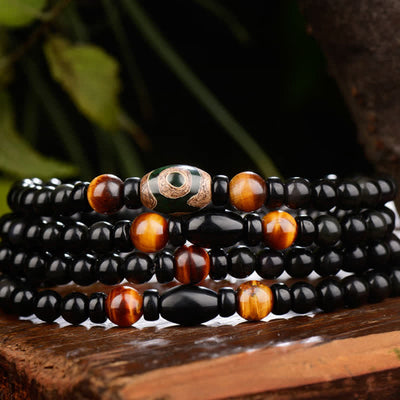 Buddha Stones 108 Beads Black Obsidian Dzi Bead Tiger Eye Agate Healing Mala Bracelet Bracelet BS main