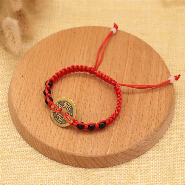 Buddha Stones Copper Coin Fortune Red String Weave Bracelet Bracelet BS Black Beads&Copper Coin(Bracelet Size 14-20cm)