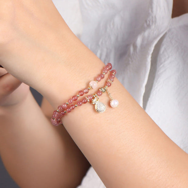 Buddha Stones Strawberry Quartz Money Bag Positive Charm Double Wrap Bracelet Bracelet BS 5