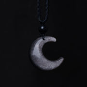 Buddha Stones Natural Silver Sheen Obsidian Selenite Crystal Crescent Moon Yin Yang Couple Protection Necklace Pendant Necklaces & Pendants BS 2