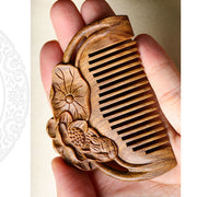 Buddha Stones Natural Green Sandalwood Lotus Flower Leaf Engraved Soothing Comb Comb BS 10