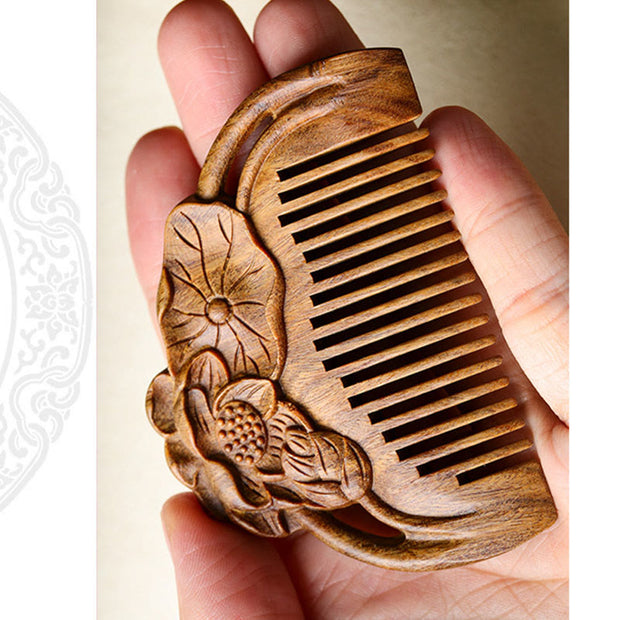 Buddha Stones Natural Green Sandalwood Lotus Flower Leaf Engraved Soothing Comb