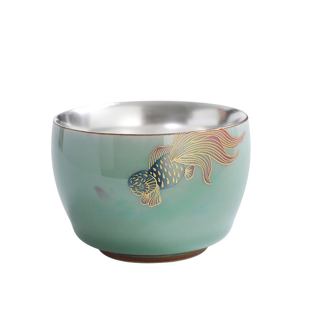 Buddha Stones 999 Sterling Silver Gilding Butterfly Goldfish Lotus Koi Fish Ceramic Teacup Kung Fu Tea Cup 120ml Cup BS 8