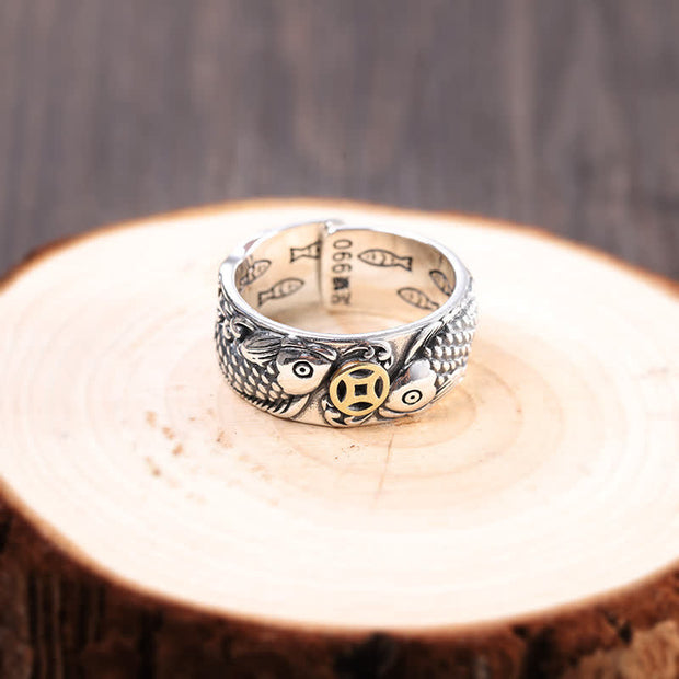 Buddha Stones Retro Carp Koi Fish Copper Coin Success Wealth Ring