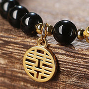 Buddha Stones Natural Black Obsidian Hetian Jade Gourd Double Happiness Strength Bracelet Bracelet BS 6