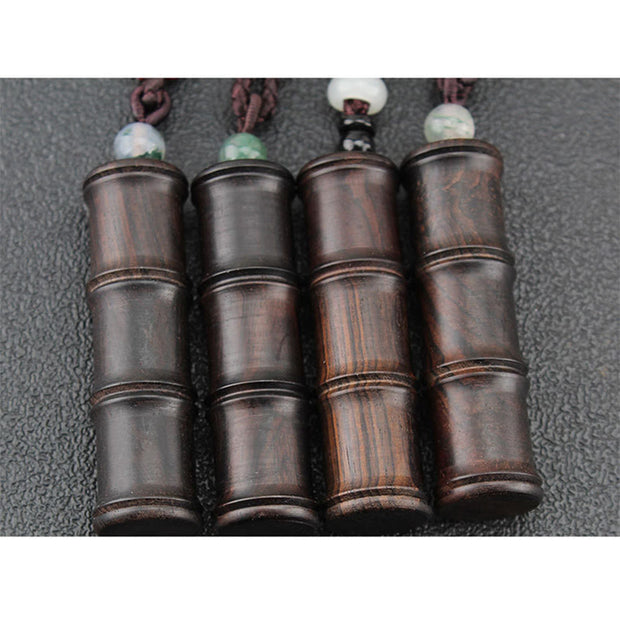 Buddha Stones Ebony Wood Bamboo Pattern Ghau Prayer Box Peace Necklace Pendant