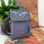 Buddha Stones Waterproof Handmade Embroidered Lotus Flowers Crossbody Bag Shoulder Bag Cellphone Bag Bag BS Gray Flower