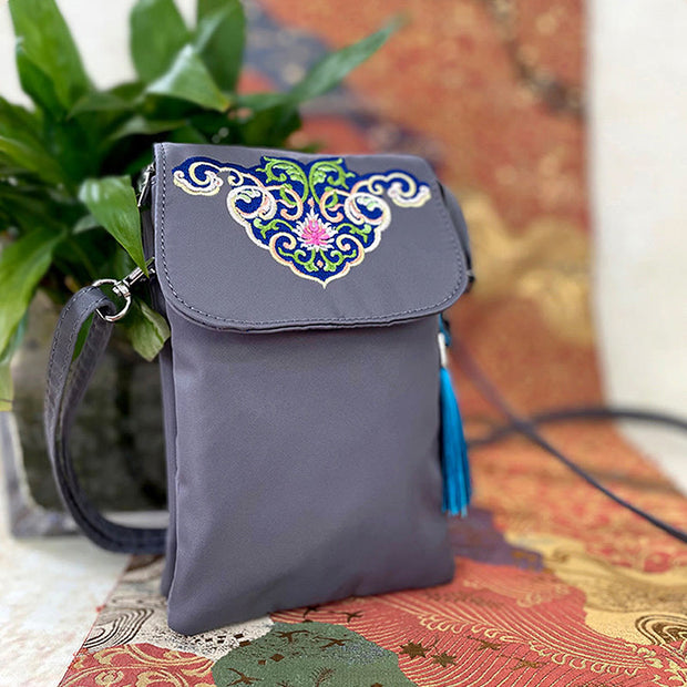 Buddha Stones Waterproof Handmade Embroidered Lotus Flowers Crossbody Bag Shoulder Bag Cellphone Bag Bag BS Gray Flower