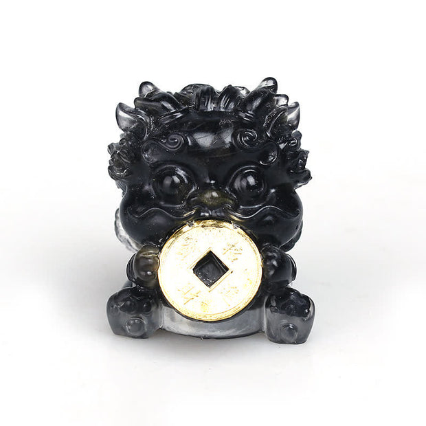 Buddha Stones Handmade Cute PiXiu Gold Coin Crystal Fengshui Energy Wealth Fortune Home Decoration Decorations BS Black Obsidian(Ward Off Evil Spirits♥Protection)