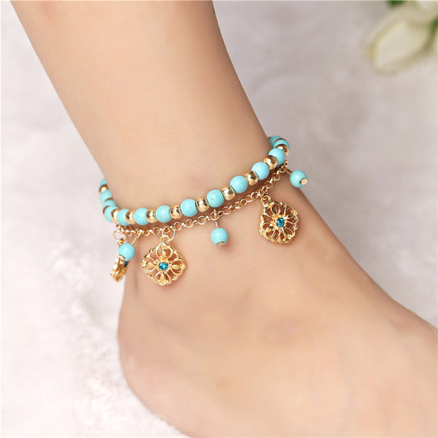Buddha Stones 2Pcs Turquoise Stone Flower Protection Bracelet Anklet Bracelet BS 2