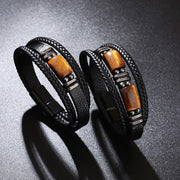 Buddha Stones Tiger Eye Power Magnetic Buckle Multilayered Leather Bracelet