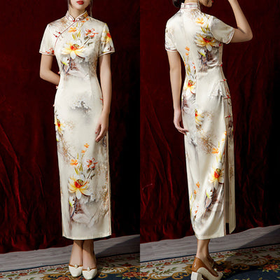 Buddha Stones Vintage Lotus Magnolia Peony Flower Pattern Cheongsam Dress Women's Qipao Dress