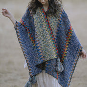 Buddha Stones Tibetan Shawl Soft Warm Knitting Cloak Winter Tibetan Tassel Scarf Tibetan Shawl BS Blue