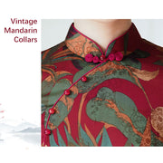 Buddha Stones Silk Qipao Dress Retro Flower Leaf Pattern Women's Cheongsam Dress