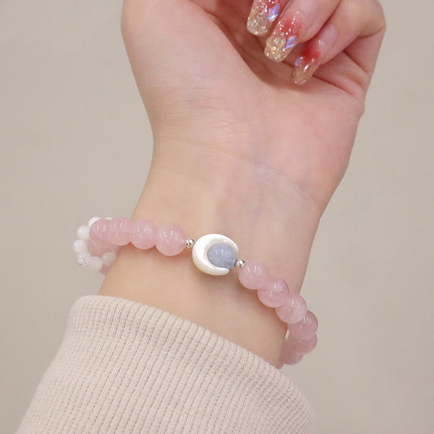 Buddha Stones 925 Sterling Silver Natural Amethyst Aquamarine Pink Crystal Cat's Eye Healing Crescent Moon Bracelet
