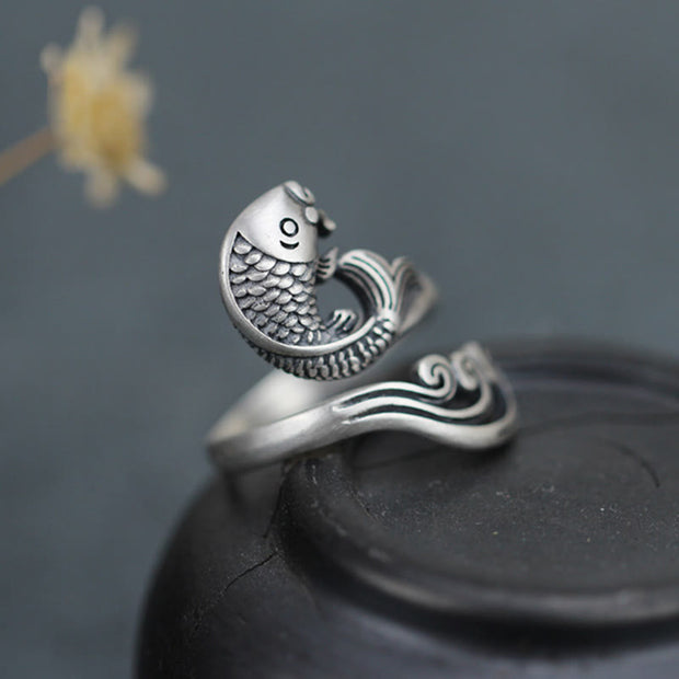 Buddha Stones 925 Sterling Silver Koi Fish Water Ripple Luck Wealth Ring Ring BS 1